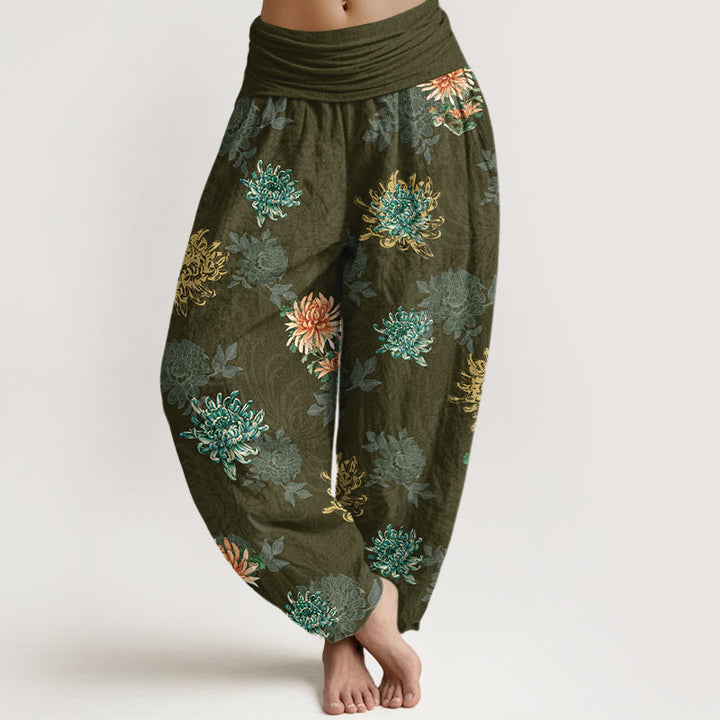 Pantalones harén de algodón con estampado de crisantemo y Buddha Stones para mujer, cintura elástica, varios colores - Aceituna - US16，UK/AU20，EU48 (3XL) - image 8