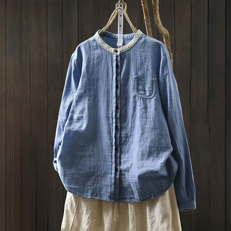 Buddha Stones Camisa de algodón de manga larga con botones y cuello de encaje para mujer, primavera y otoño - Azul cielo claro - US6, UK/AU10, EU38 (L) - image 0