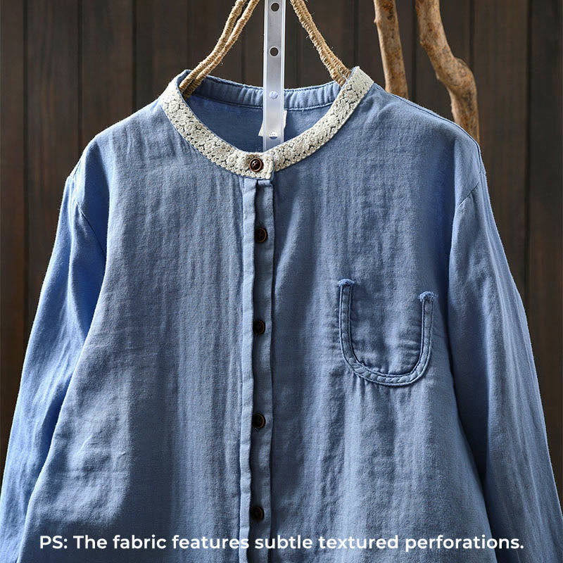 Buddha Stones Camisa de algodón de manga larga con botones y cuello de encaje para mujer, primavera y otoño - image 1