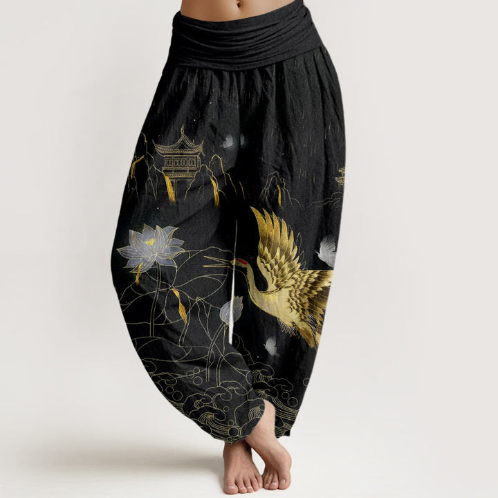 Pantalones harén de cintura elástica para mujer con diseño de grulla de algodón y pabellón de montaña de loto y Buddha Stones - Negro - US16，UK/AU20，EU48 (3XL) - image 0