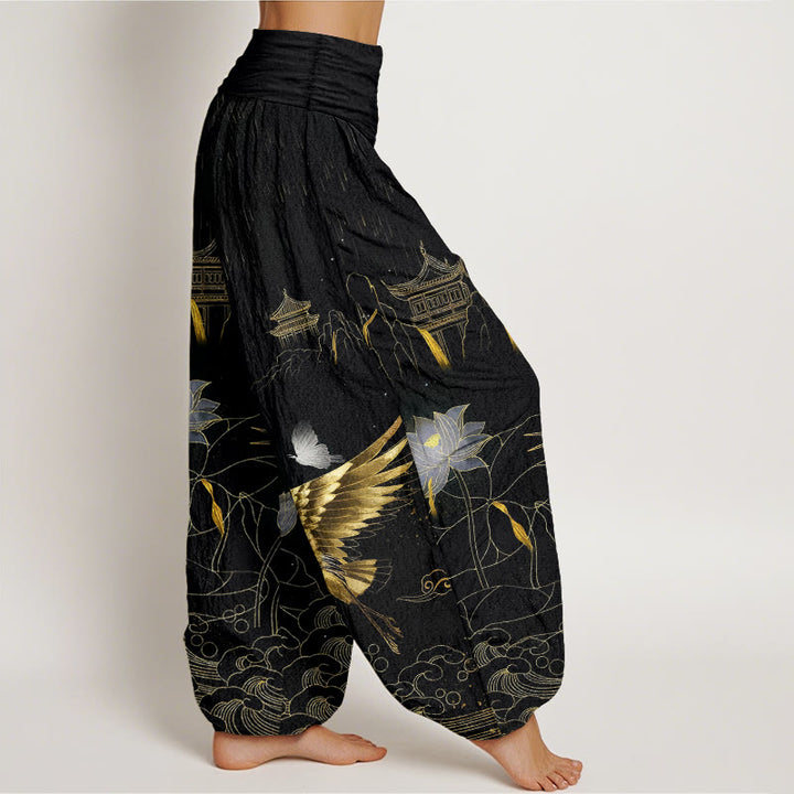 Pantalones harén de cintura elástica para mujer con diseño de grulla de algodón y pabellón de montaña de loto y Buddha Stones - image 2