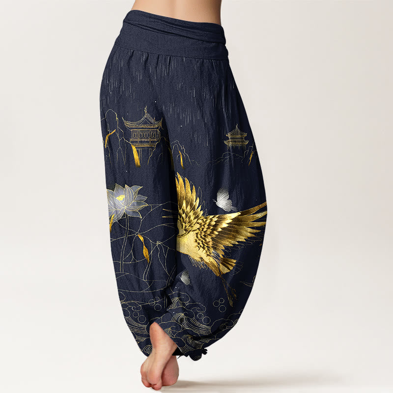 Pantalones harén de cintura elástica para mujer con diseño de grulla de algodón y pabellón de montaña de loto y Buddha Stones - image 6