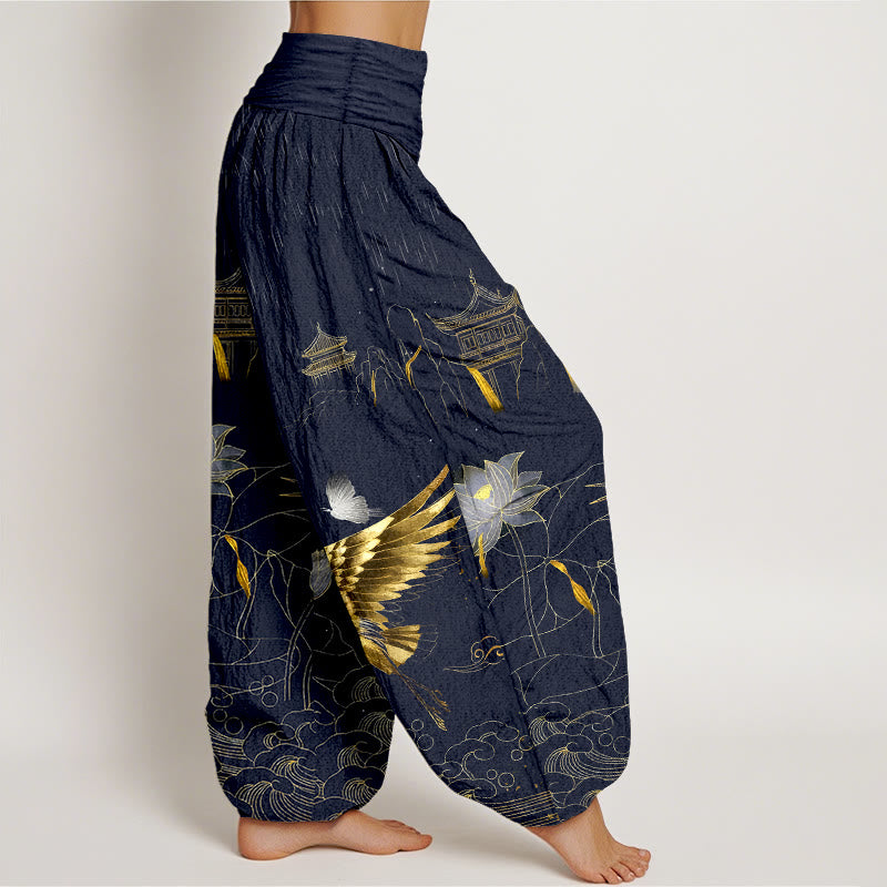 Pantalones harén de cintura elástica para mujer con diseño de grulla de algodón y pabellón de montaña de loto y Buddha Stones - image 7