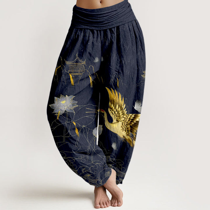 Pantalones harén de cintura elástica para mujer con diseño de grulla de algodón y pabellón de montaña de loto y Buddha Stones - Azul medianoche - US16，UK/AU20，EU48 (3XL) - image 5