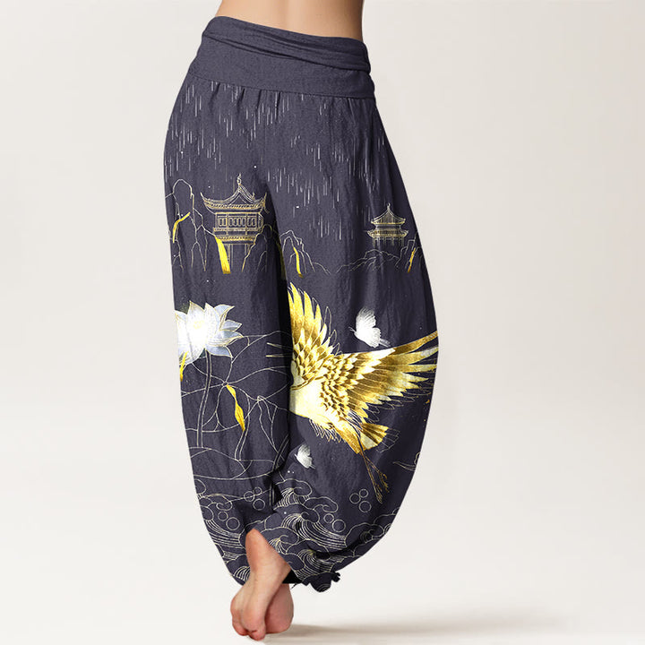 Pantalones harén de cintura elástica para mujer con diseño de grulla de algodón y pabellón de montaña de loto y Buddha Stones - image 9
