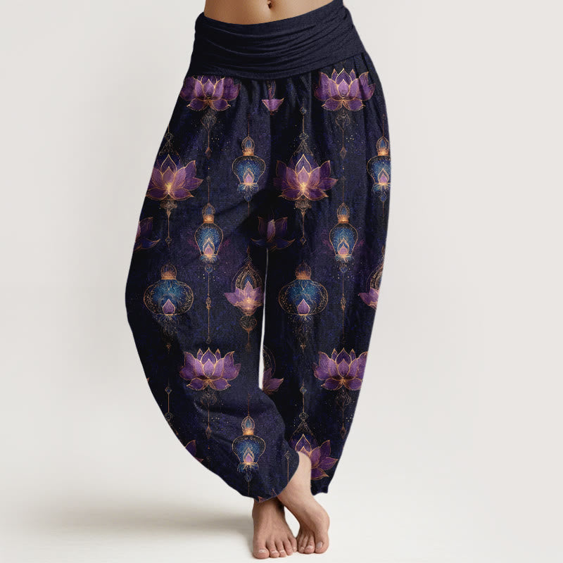 Pantalones harén de algodón con estampado de linternas de loto y Buddha Stones para mujer, cintura elástica - Índigo - US16，UK/AU20，EU48 (3XL) - image 0