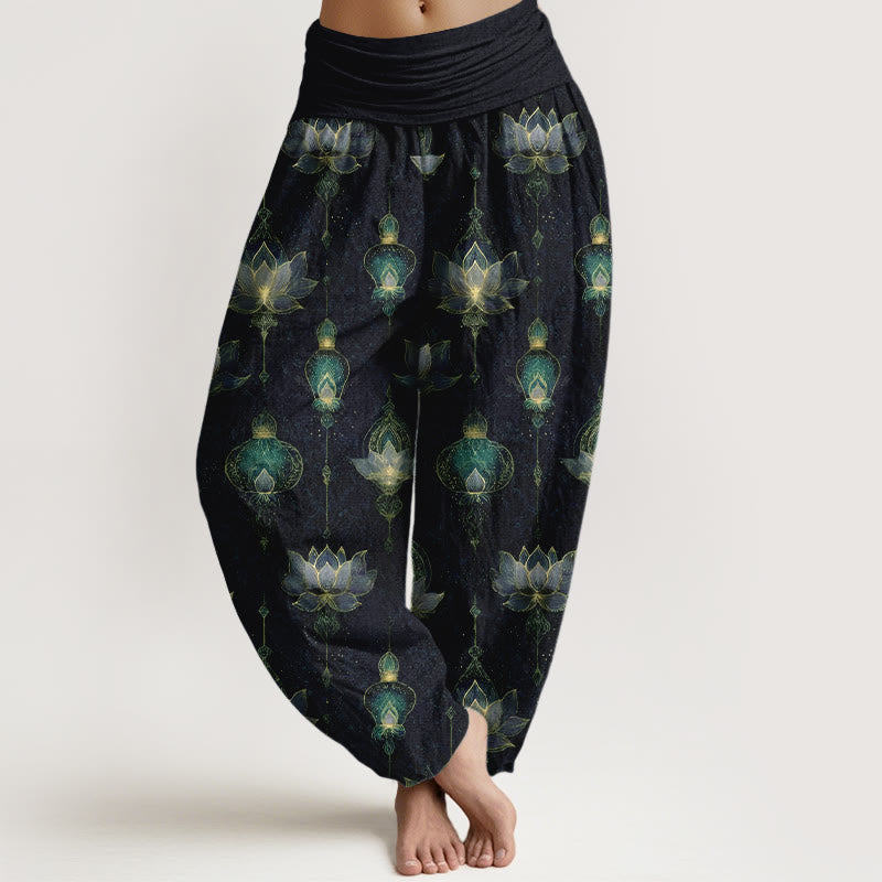 Pantalones harén de algodón con estampado de linternas de loto y Buddha Stones para mujer, cintura elástica - Azul medianoche - US16，UK/AU20，EU48 (3XL) - image 5