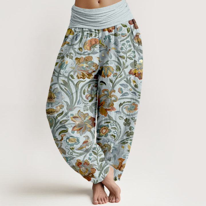 Pantalones Buddha Stones con estampado retro de flores, vides y pájaros para mujer, con cintura elástica - Cian claro - US16，UK/AU20，EU48 (3XL) - image 5