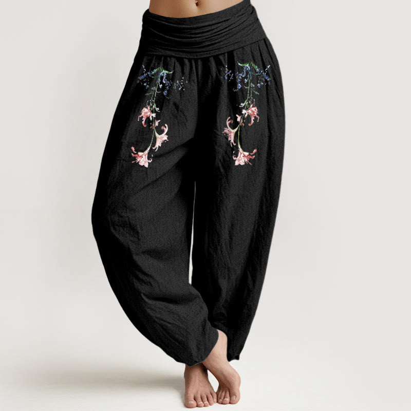 Pantalones Buddha Stones de algodón puro con estampado floral pastel sencillo para mujer, cintura elástica - Negro - US16，UK/AU20，EU48 (3XL) - image 0