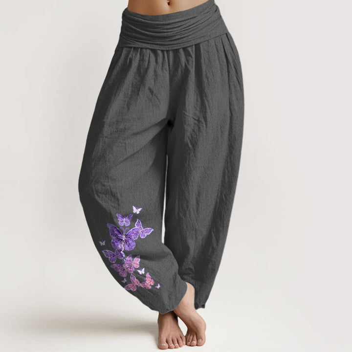Pantalones Buddha Stones de algodón puro con estampado de mariposas pastel y cintura elástica para mujer - Gris oscuro - US16，UK/AU20，EU48 (3XL) - image 0