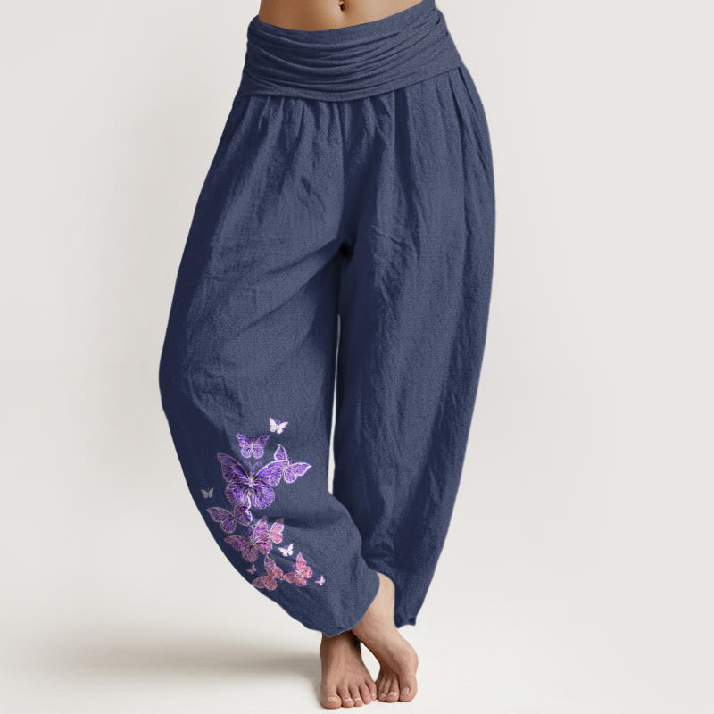 Pantalones Buddha Stones de algodón puro con estampado de mariposas pastel y cintura elástica para mujer - Azul pizarra oscuro - US16，UK/AU20，EU48 (3XL) - image 8