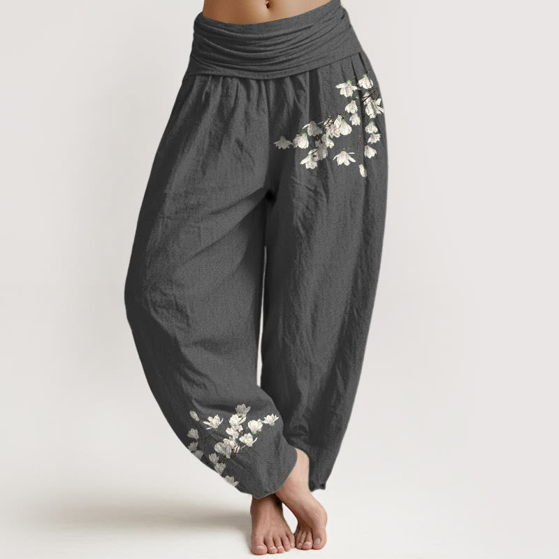 Pantalones Buddha Stones de algodón puro con estampado de flores de magnolia para mujer, cintura elástica - Gris oscuro - US16，UK/AU20，EU48 (3XL) - image 0