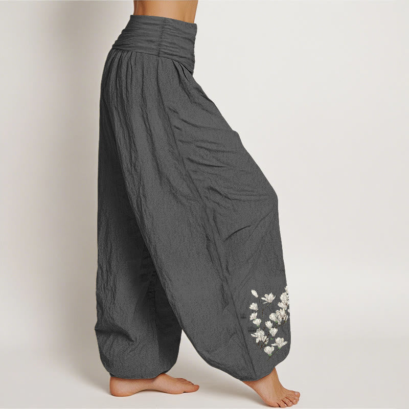 Pantalones Buddha Stones de algodón puro con estampado de flores de magnolia para mujer, cintura elástica - image 2