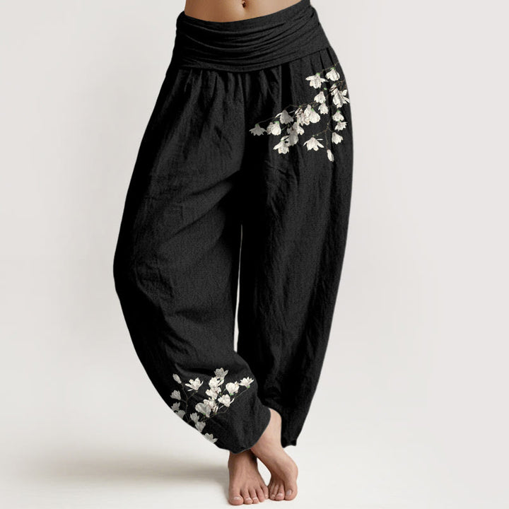 Pantalones Buddha Stones de algodón puro con estampado de flores de magnolia para mujer, cintura elástica - Negro - US16，UK/AU20，EU48 (3XL) - image 5
