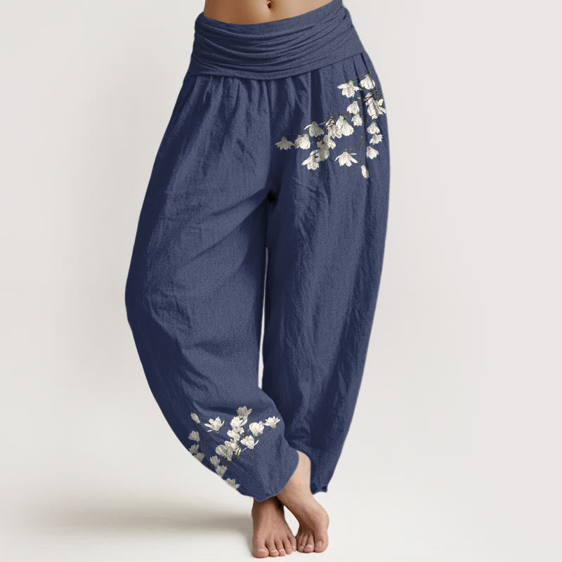 Pantalones Buddha Stones de algodón puro con estampado de flores de magnolia para mujer, cintura elástica - Azul pizarra oscuro - US16，UK/AU20，EU48 (3XL) - image 8