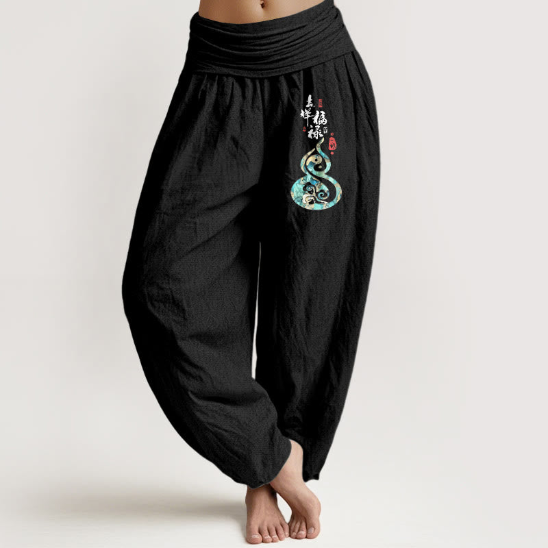 Pantalones Buddha Stones de algodón puro con estampado de calabaza y caracteres chinos para mujer, cintura elástica - Negro - US16，UK/AU20，EU48 (3XL) - image 0