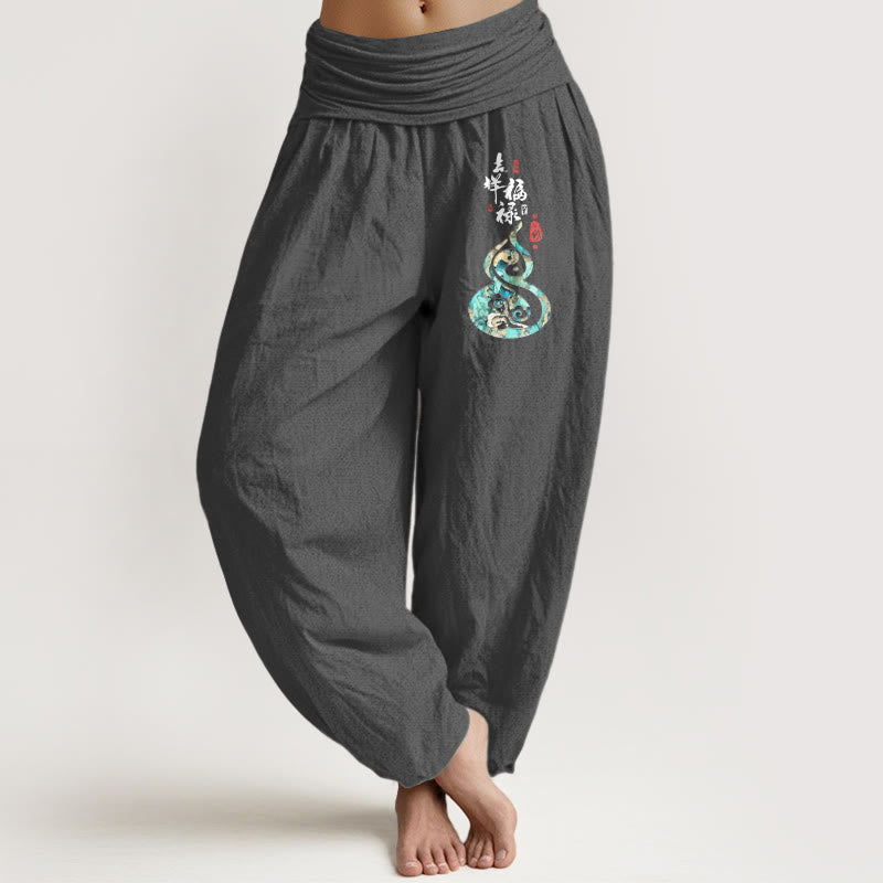 Pantalones Buddha Stones de algodón puro con estampado de calabaza y caracteres chinos para mujer, cintura elástica - Gris oscuro - US16，UK/AU20，EU48 (3XL) - image 8