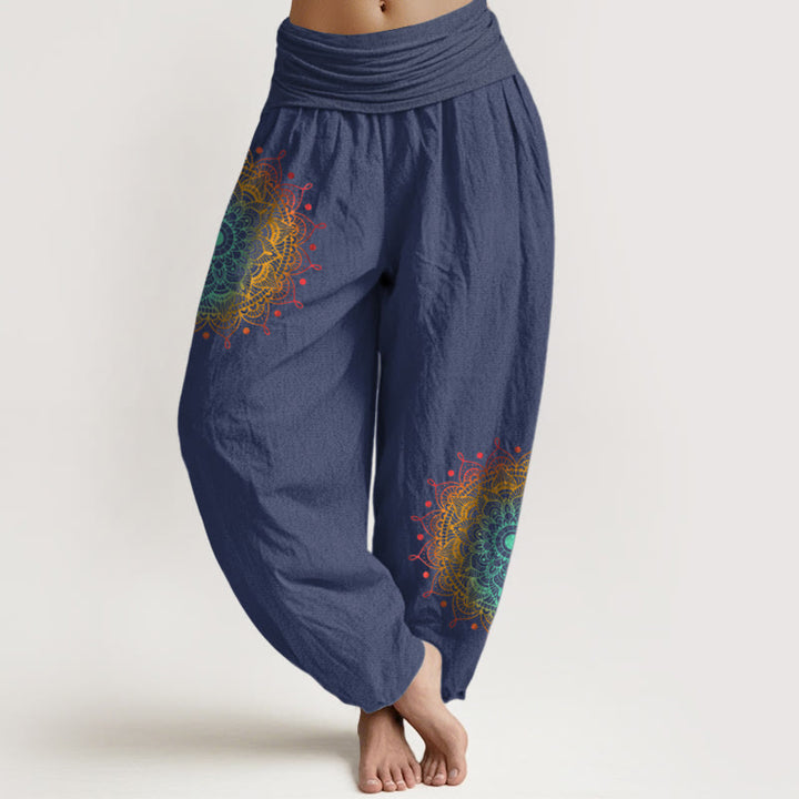 Pantalones Buddha Stones de algodón puro con estampado de mandala, estilo sencillo, para mujer, con cintura elástica - Azul pizarra oscuro - US16，UK/AU20，EU48 (3XL) - image 5