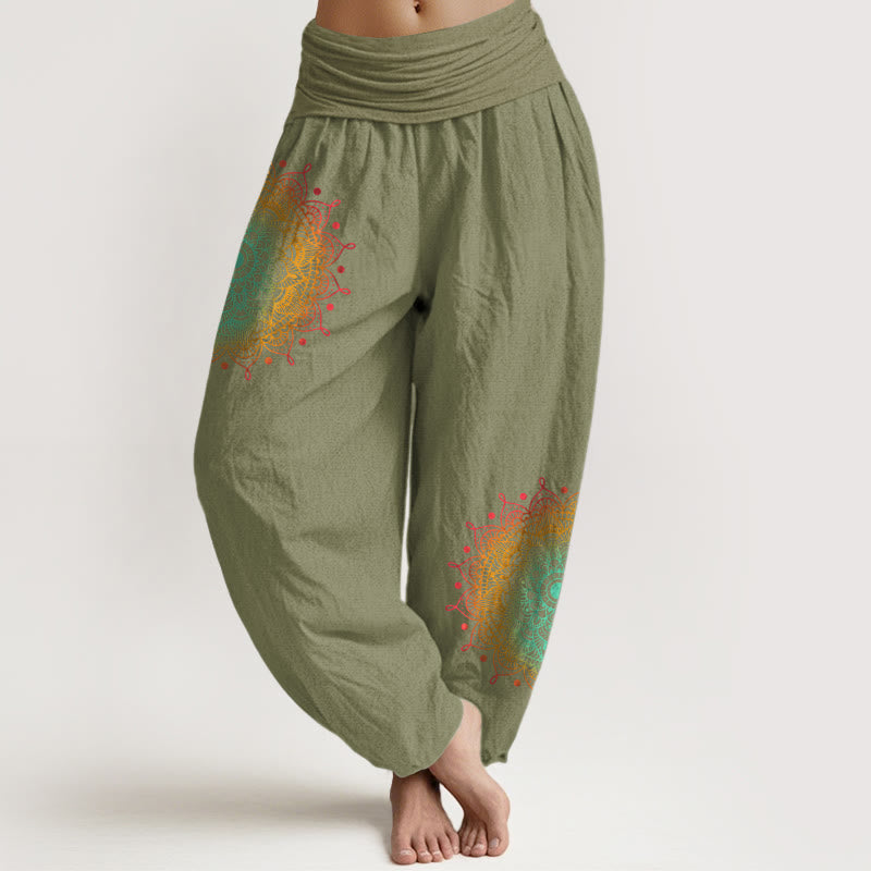Pantalones Buddha Stones de algodón puro con estampado de mandala, estilo sencillo, para mujer, con cintura elástica - Verde oliva - US16，UK/AU20，EU48 (3XL) - image 14