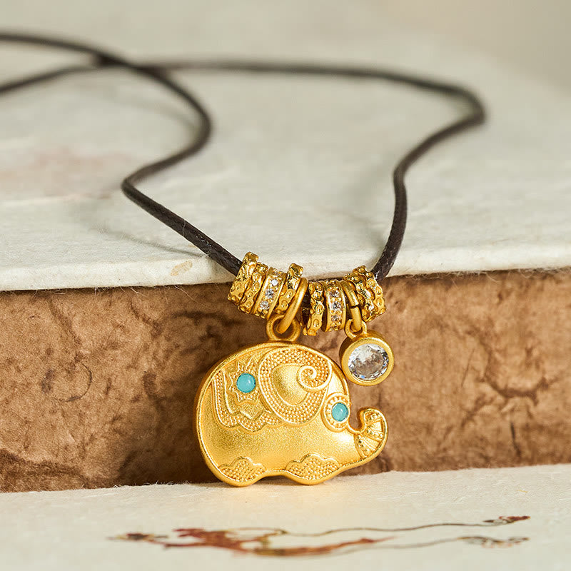 Collar con colgante de cuerda de fuerza de latón chapado en oro de 24 quilates con símbolo de elefante y Buddha Stones - image 1