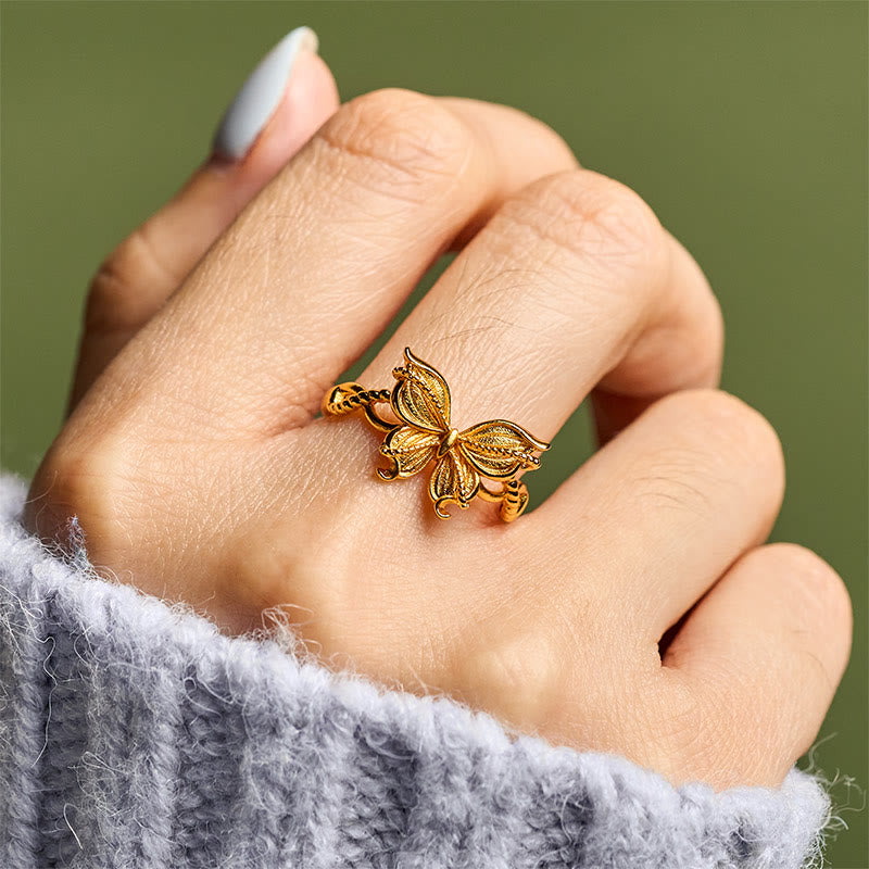 Anillo de amor ajustable con símbolo de mariposa de latón chapado en oro de 24 k y Buddha Stones - image 9