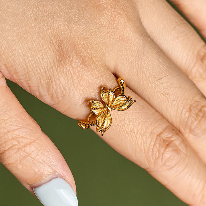 Anillo de amor ajustable con símbolo de mariposa de latón chapado en oro de 24 k y Buddha Stones - image 10