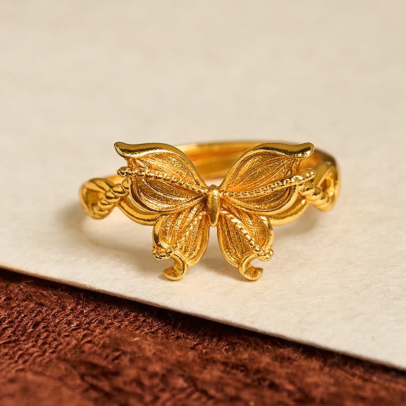 Anillo de amor ajustable con símbolo de mariposa de latón chapado en oro de 24 k y Buddha Stones - image 1