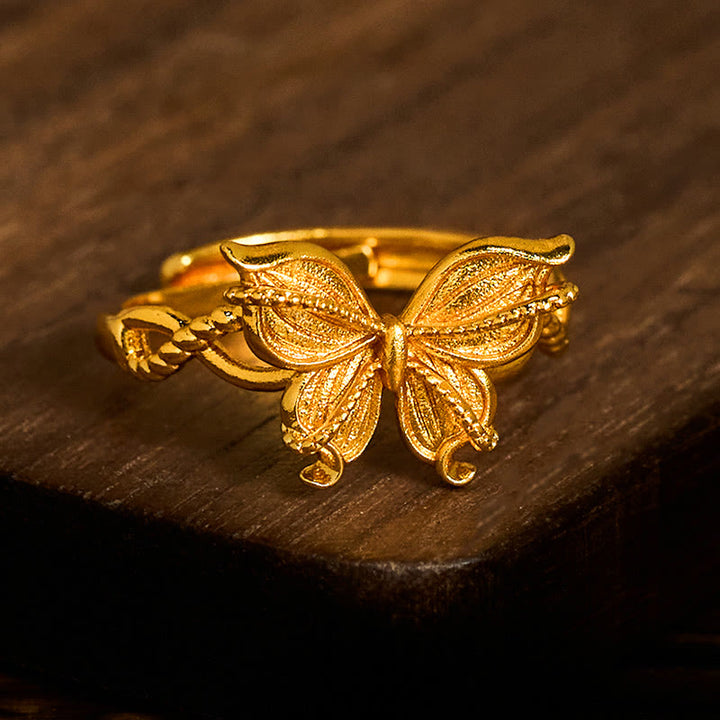 Anillo de amor ajustable con símbolo de mariposa de latón chapado en oro de 24 k y Buddha Stones - image 3