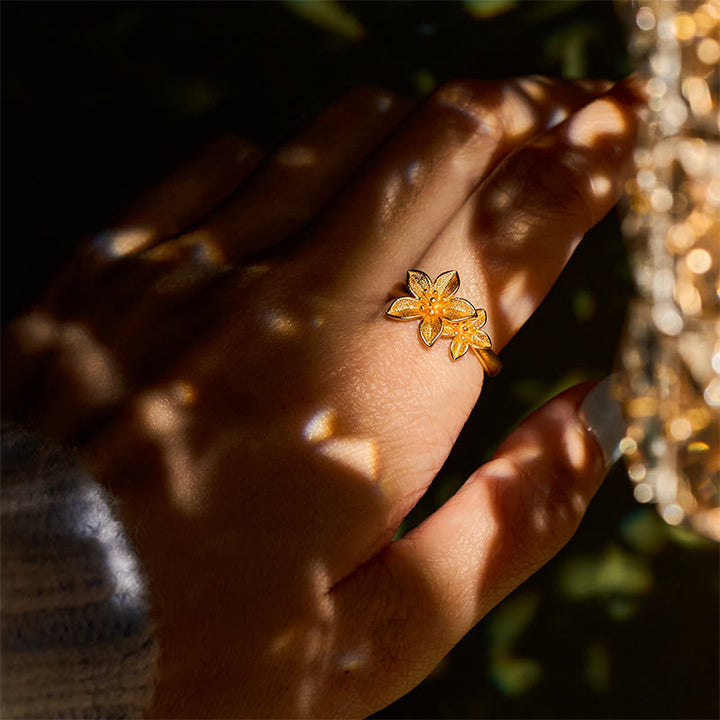 Anillo ajustable de latón y cobre bañado en oro de 24 k con flor lila y piedras de Buddha Stones - image 11