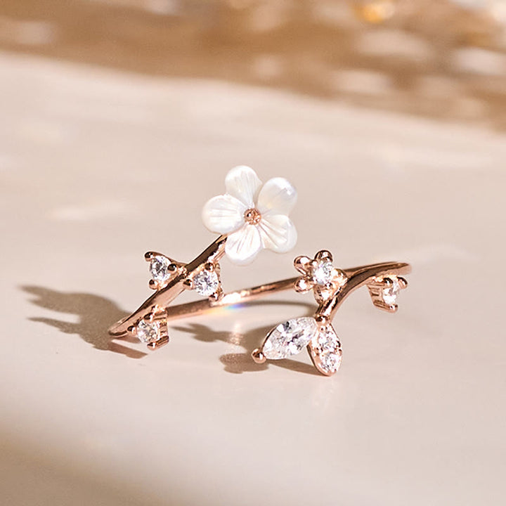 Anillo de bendición ajustable con diseño de flor blanca y Buddha Stones en plata de ley 925 - Oro rosa - image 0