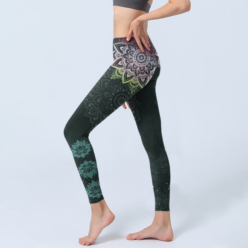 Leggings de yoga para mujer con estampado de mandalas simétricos y flores de loto y piedras de Buddha Stones - image 2