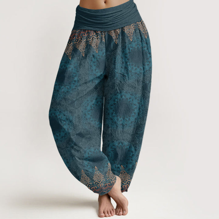 Pantalones bombachos de cintura elástica para mujer con estampado de mandalas triangulares de algodón y Buddha Stones - Cian oscuro - US22，UK/AU26，EU54 (6XL) - image 0