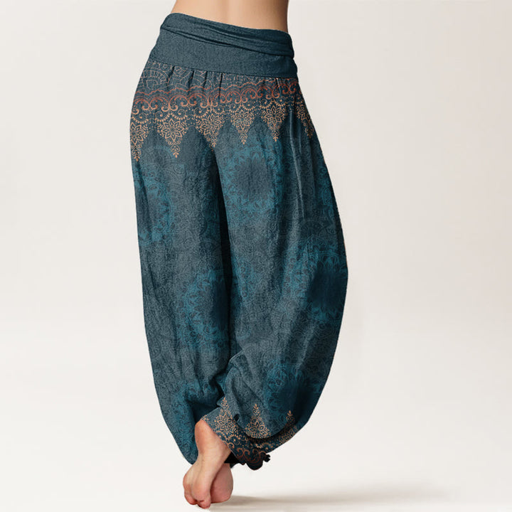 Pantalones bombachos de cintura elástica para mujer con estampado de mandalas triangulares de algodón y Buddha Stones - image 1