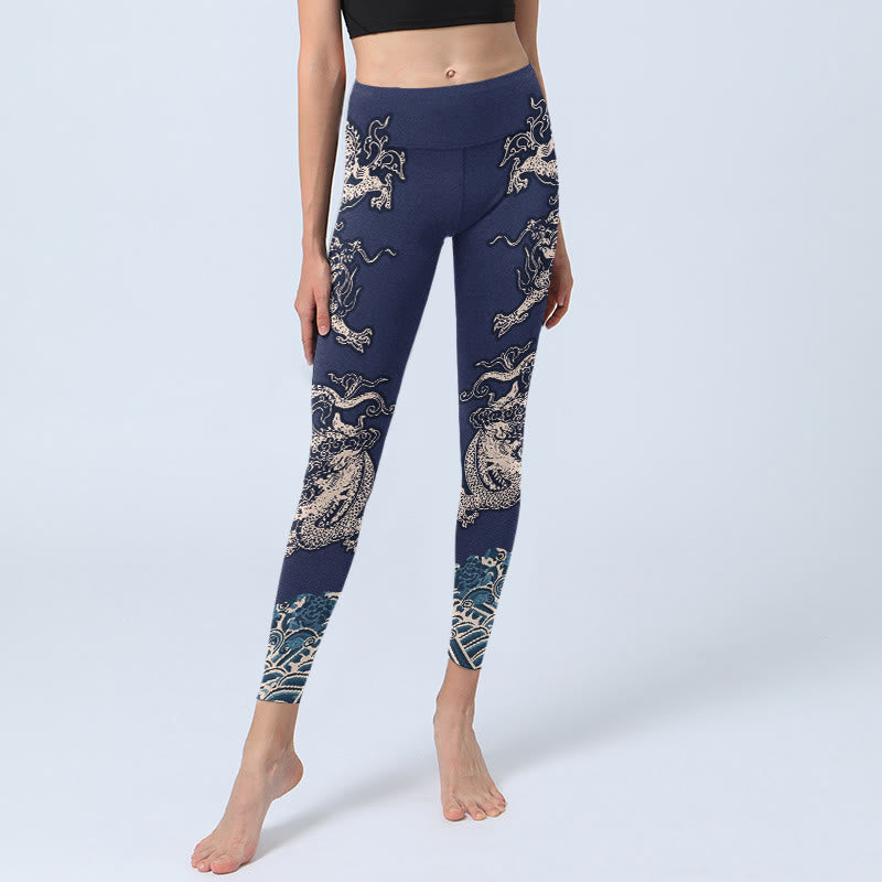 Leggings de yoga para mujer con estampado de ondas de dragón y simetría de Buddha Stones - image 6