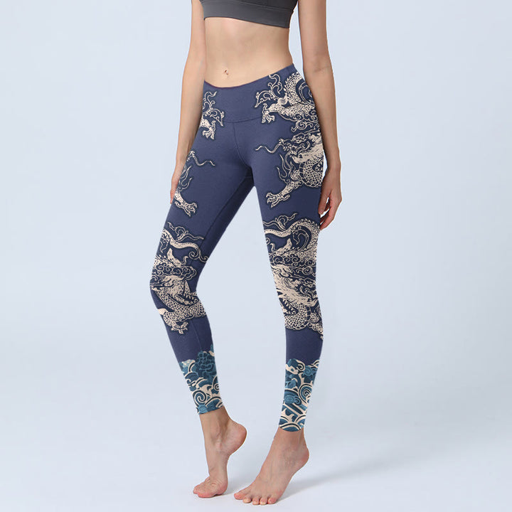 Leggings de yoga para mujer con estampado de ondas de dragón y simetría de Buddha Stones - Azul medianoche - US18，UK/AU22，EU50 (4XL) - image 0