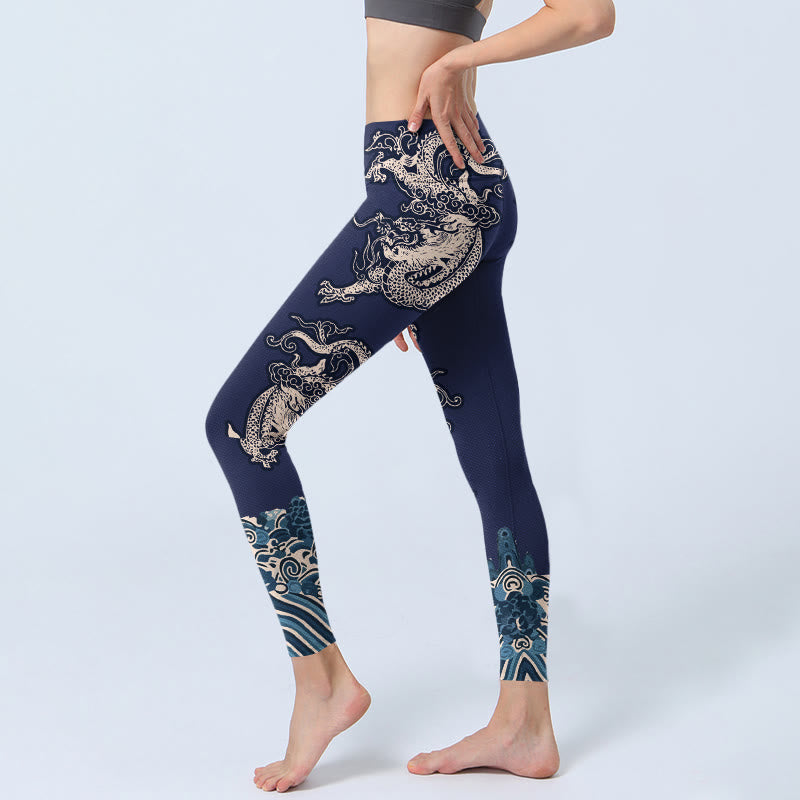 Leggings de yoga para mujer con estampado de ondas de dragón y simetría de Buddha Stones - image 2