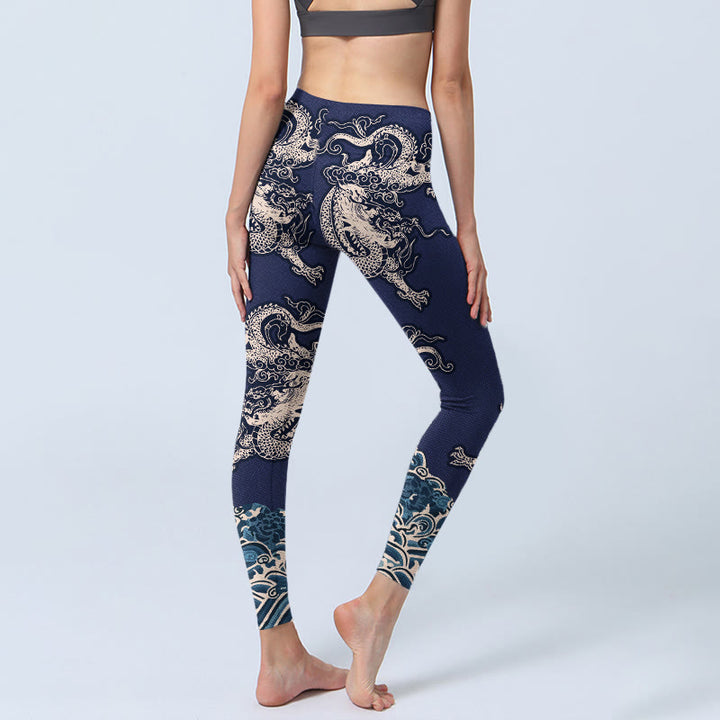 Leggings de yoga para mujer con estampado de ondas de dragón y simetría de Buddha Stones - image 4