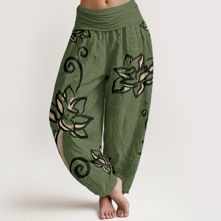 Pantalón tipo harem de cintura elástica para mujer, con diseño informal de nubes auspiciosas y Buddha Stones, de algodón. - Verde mar medio - US22，UK/AU26，EU54 (6XL) - image 0