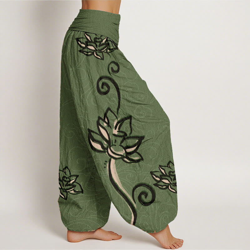 Pantalón tipo harem de cintura elástica para mujer, con diseño informal de nubes auspiciosas y Buddha Stones, de algodón. - image 2
