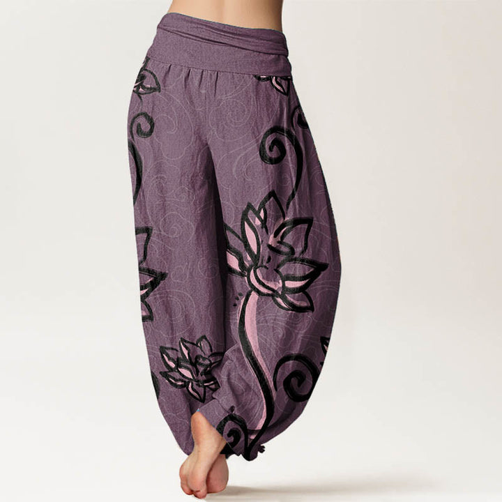 Pantalón tipo harem de cintura elástica para mujer, con diseño informal de nubes auspiciosas y Buddha Stones, de algodón. - image 8