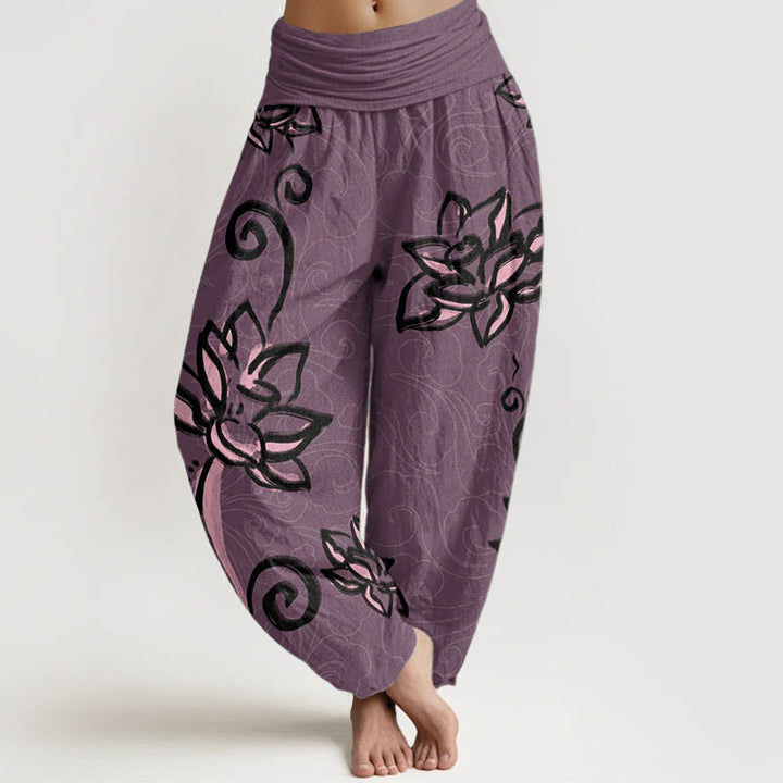 Pantalón tipo harem de cintura elástica para mujer, con diseño informal de nubes auspiciosas y Buddha Stones, de algodón. - Magenta oscuro - US22，UK/AU26，EU54 (6XL) - image 7
