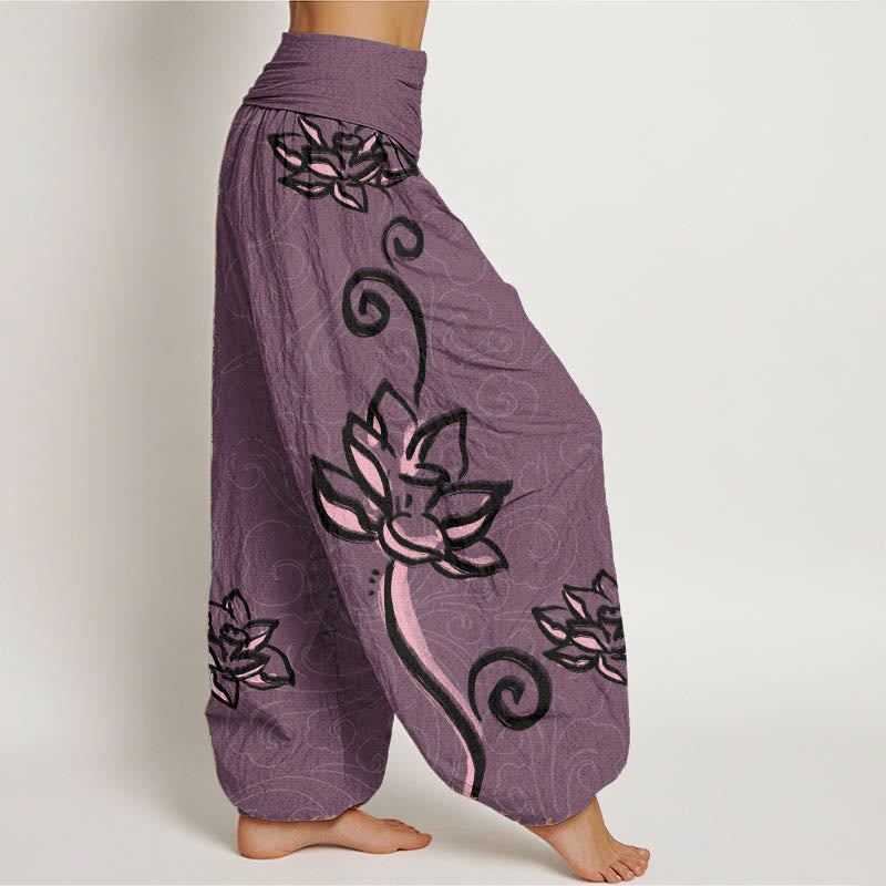 Pantalón tipo harem de cintura elástica para mujer, con diseño informal de nubes auspiciosas y Buddha Stones, de algodón. - image 9