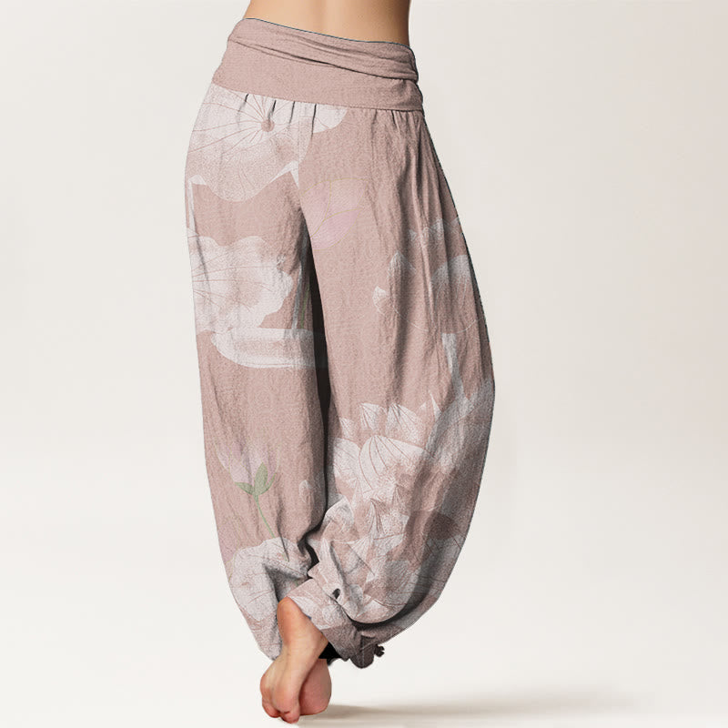 Pantalón tipo harem de cintura elástica para mujer, con estampado de lotos rosas y blancos y Buddha Stones en algodón. - image 1