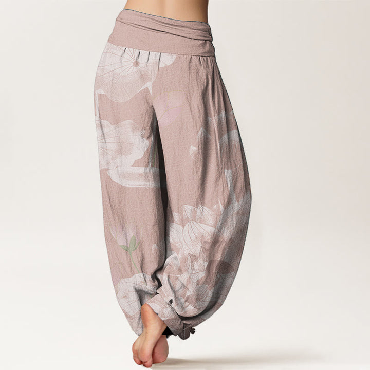 Pantalón tipo harem de cintura elástica para mujer, con estampado de lotos rosas y blancos y Buddha Stones en algodón. - image 1