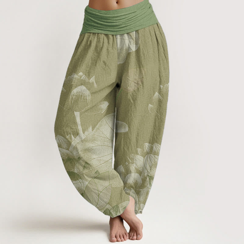 Pantalón tipo harem de cintura elástica para mujer, con estampado de lotos rosas y blancos y Buddha Stones en algodón. - Caqui oscuro - US22，UK/AU26，EU54 (6XL) - image 7