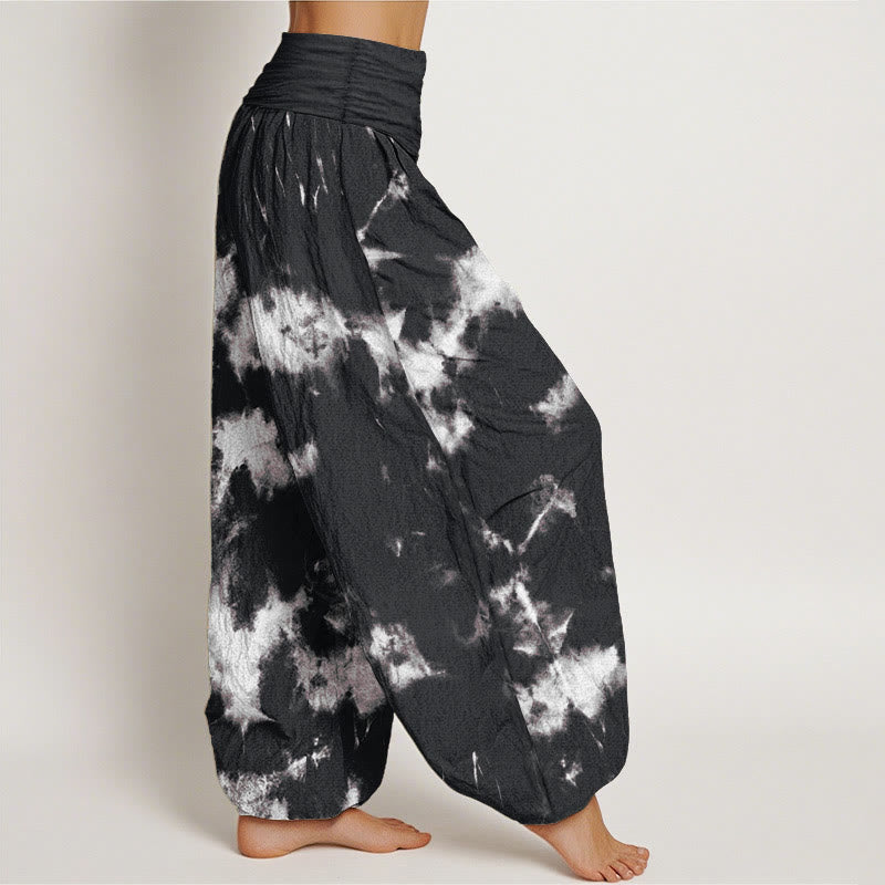 Pantalones bombachos de cintura elástica para mujer con estampado tie-dye de rayas blancas y lunares de algodón con Buddha Stones - image 1