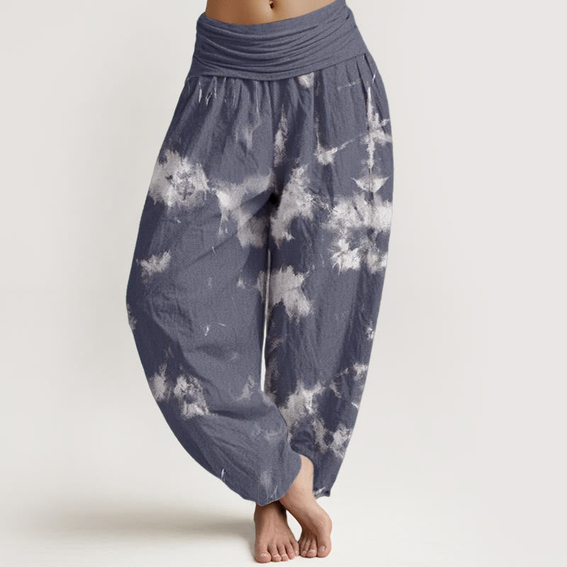 Pantalones bombachos de cintura elástica para mujer con estampado tie-dye de rayas blancas y lunares de algodón con Buddha Stones - Azul acero - US22，UK/AU26，EU54 (6XL) - image 4
