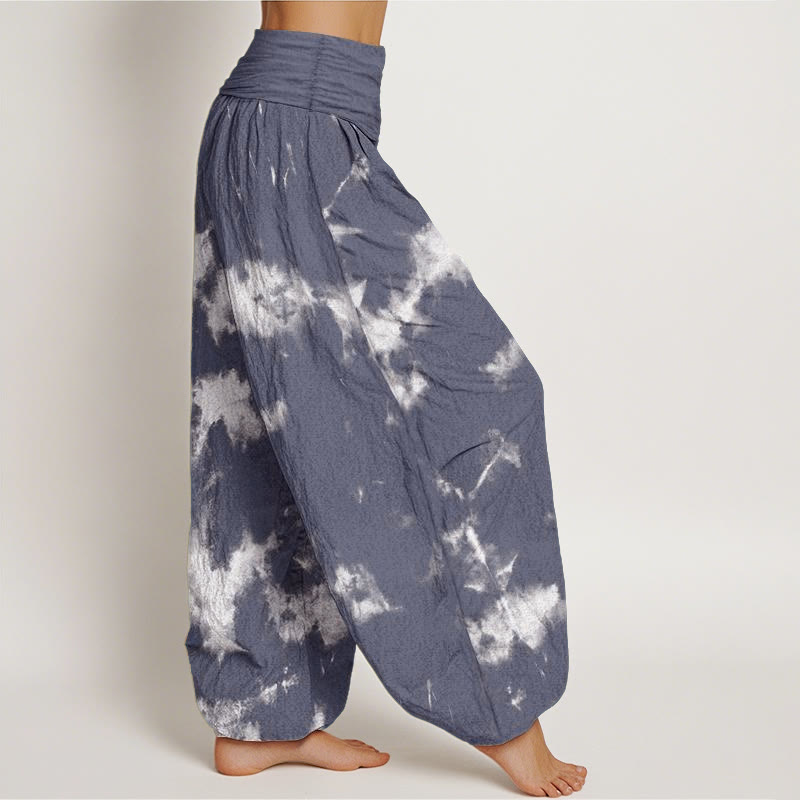 Pantalones bombachos de cintura elástica para mujer con estampado tie-dye de rayas blancas y lunares de algodón con Buddha Stones - image 5