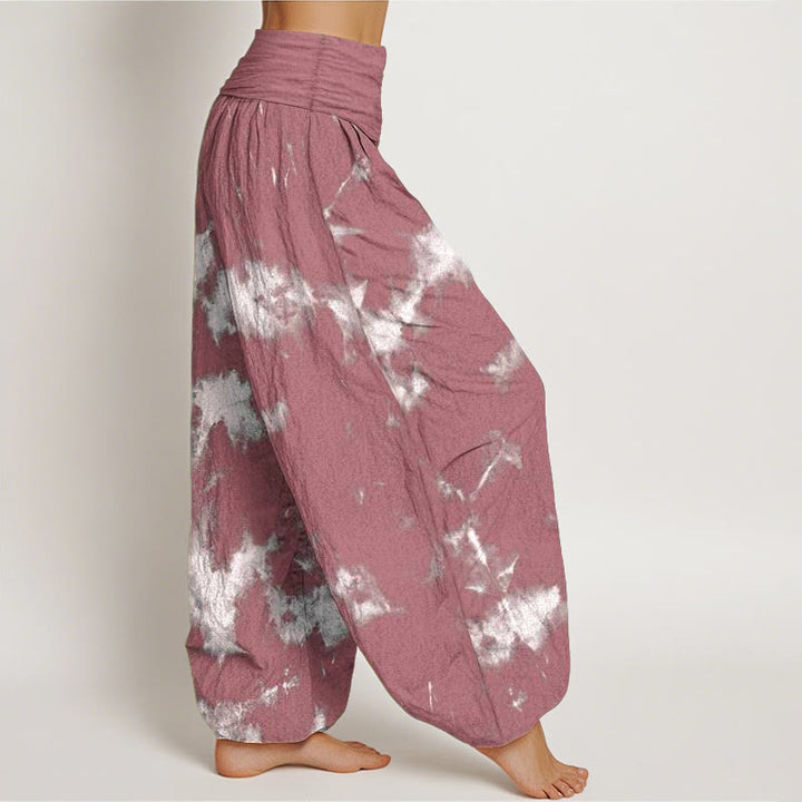 Pantalones bombachos de cintura elástica para mujer con estampado tie-dye de rayas blancas y lunares de algodón con Buddha Stones - image 8