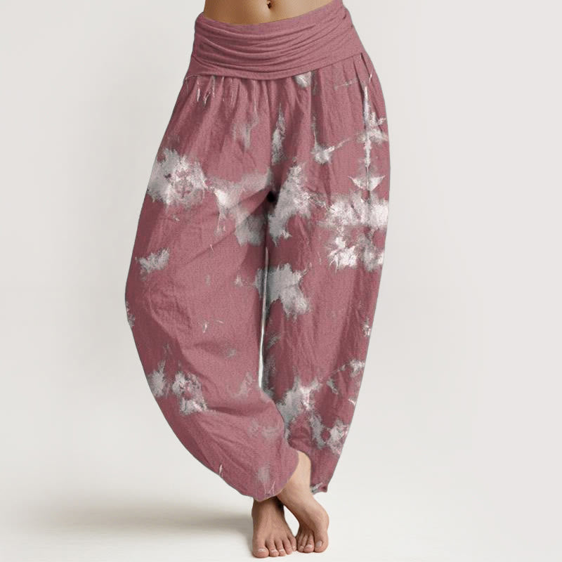 Pantalones bombachos de cintura elástica para mujer con estampado tie-dye de rayas blancas y lunares de algodón con Buddha Stones - IndianRed - US22，UK/AU26，EU54 (6XL) - image 7